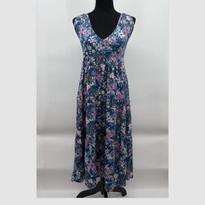 See You Monday Dress Women XS Blue Floral Tiered Midi Sleeveless Tank V Neck